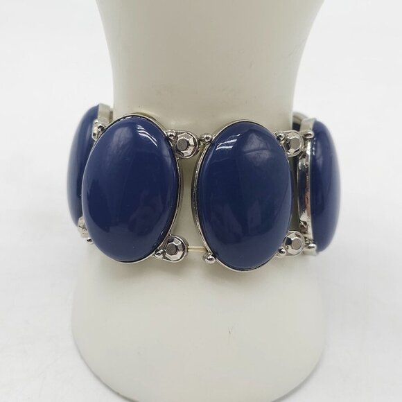 Vintage Style Blue Acrylic Stretch Bracelet With Silver Tone Accents - Picture 1 of 5